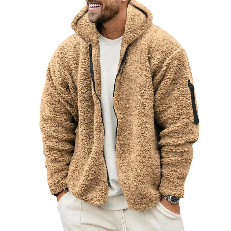 Herren nan Teddy-Fleece Zip-Jacke mit Kapuze, verdecktem Zwei-Wege-Reißverschluss und Ärmeltasche Drune
