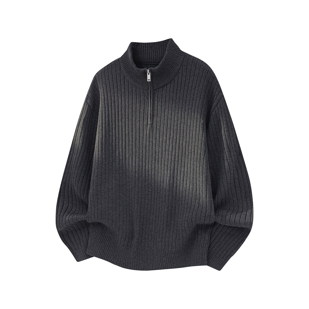 Unisex Weit geschnittener Rippenstrick-Pullover mit halbem Reißverschluss und Stehkragen Drune
