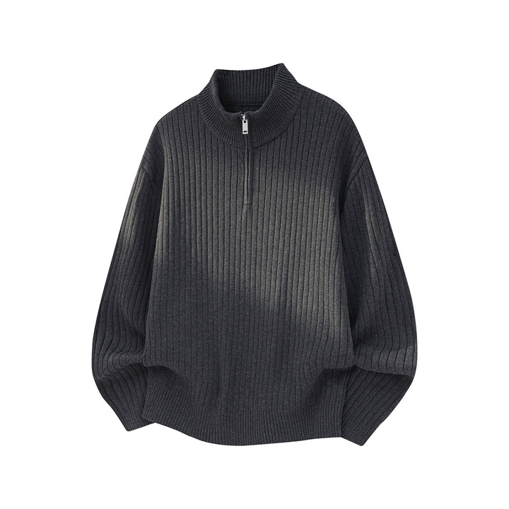 Unisex Weit geschnittener Rippenstrick-Pullover mit halbem Reißverschluss und Stehkragen Drune