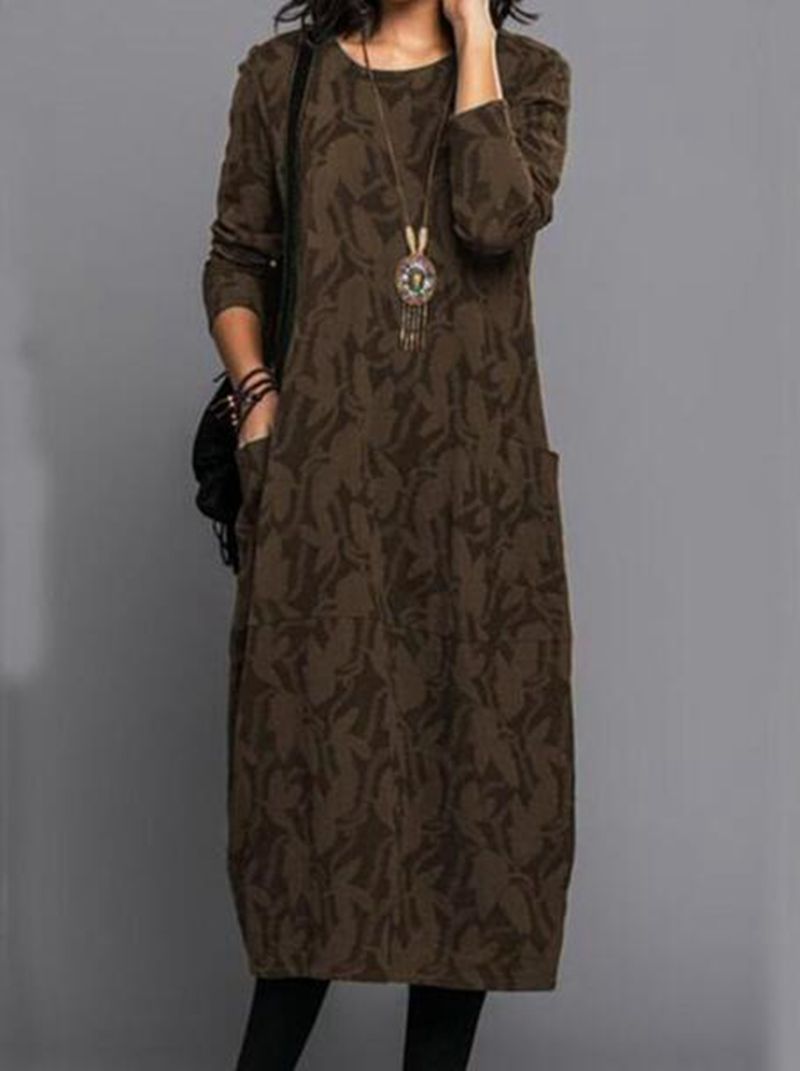 Damen nan locker geschnittenes Midikleid aus Feinstrick mit Ton-in-Ton-Jacquard, Rundhalsausschnitt und seitlichen Eingrifftaschen Drune