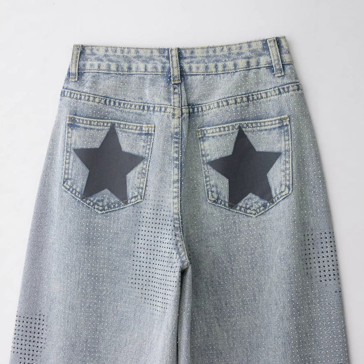 Damen Weite hochtaillierte Jeans mit weitem Bein und mikroperforiertem Muster Drune