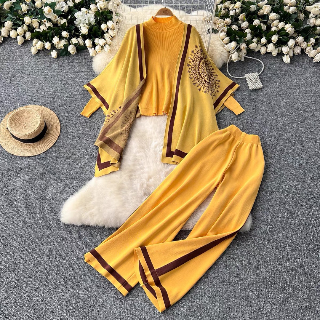 Damen lässiges Strickensemble mit langen Ärmeln und weitem Bein Drune