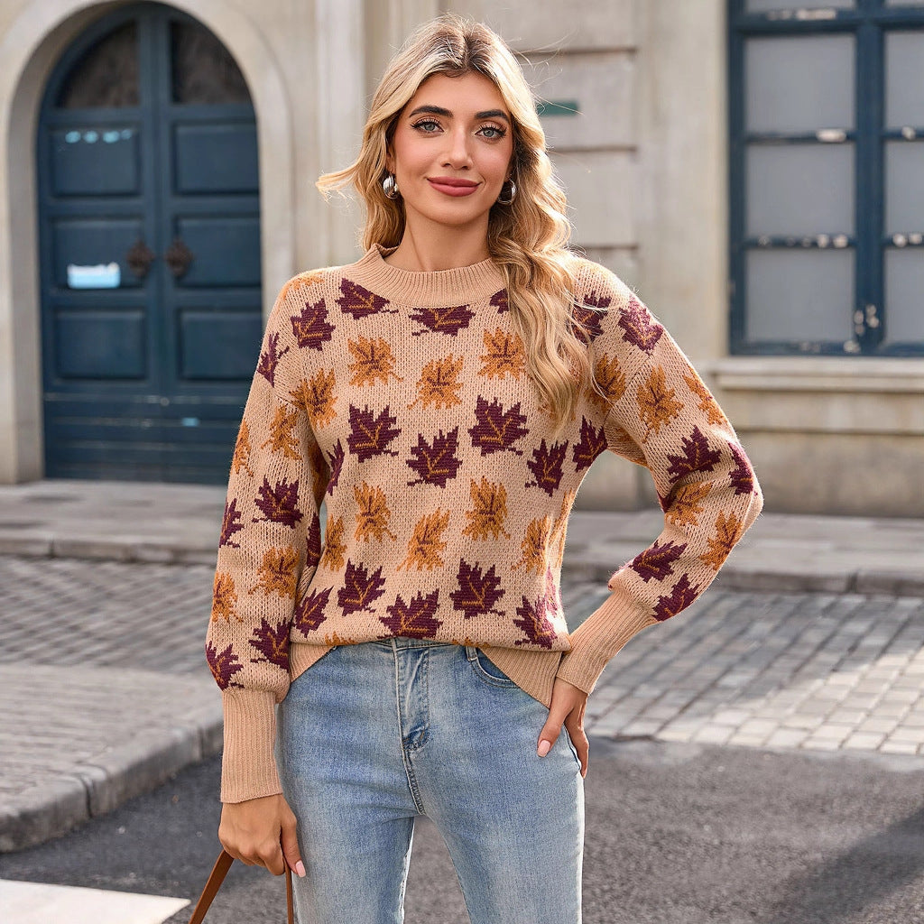 Damen Strickpullover mit herbstlichem Blätterdesign Drune