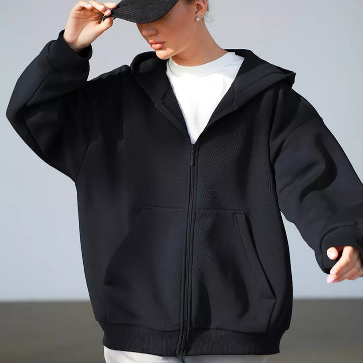 Damen weiche Zip-Hoodie-Jacke mit Kängurutaschen Drune
