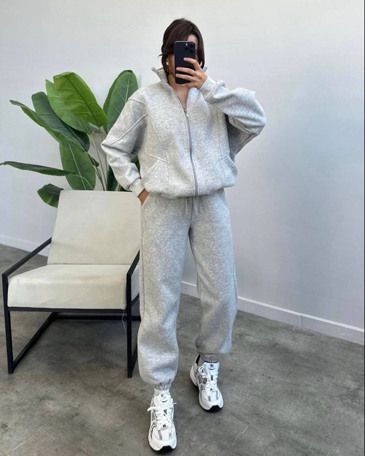 Damen Oversize Fleece-Set mit Reißverschlussjacke und weiten Jogginghosen Drune