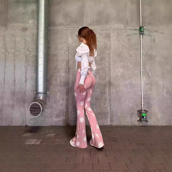 Damen Bootcut-Hose mit künstlerischem Mond- und Sonnen-Design Drune