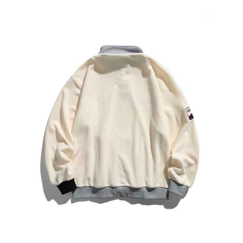 Unisex Fleece-Halbzip-Pullover mit Stehkragen, Kängurutasche und Kontrastbündchen Drune