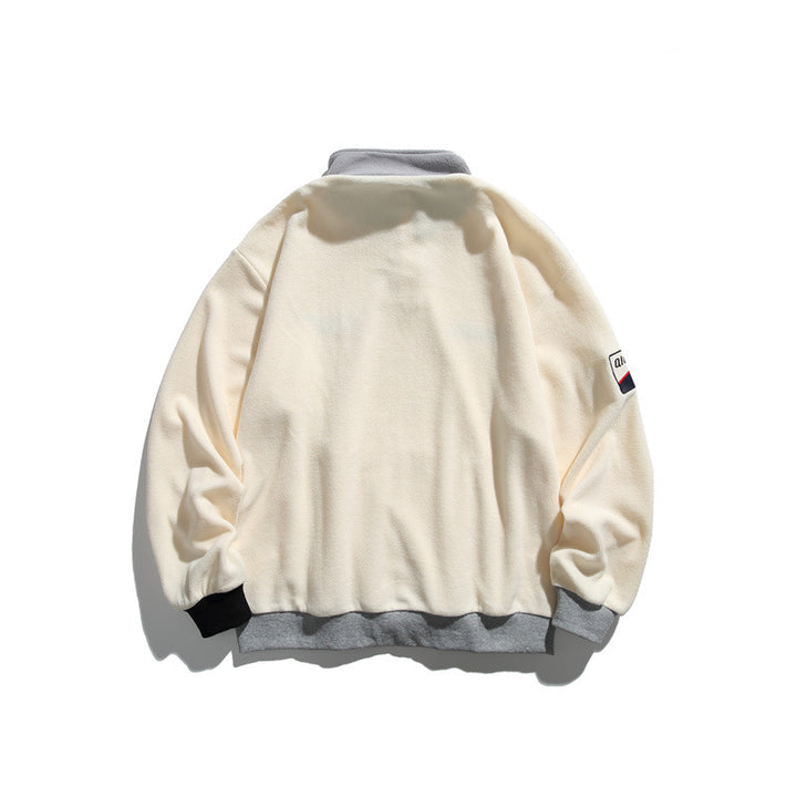 Unisex Fleece-Halbzip-Pullover mit Stehkragen, Kängurutasche und Kontrastbündchen Drune