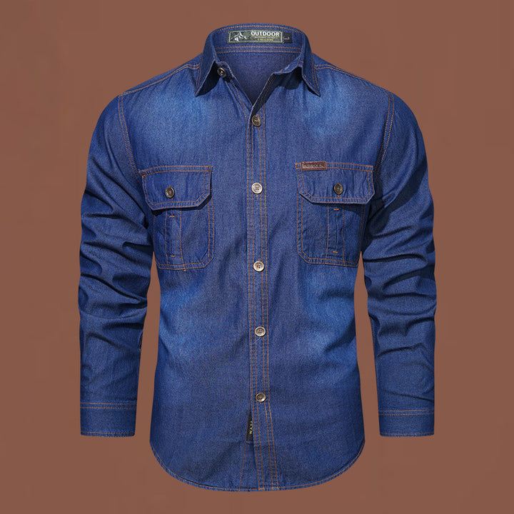 Herren  Denim Utility Button-Up-Shirt mit doppelten Klappentaschen auf der Brust Drune