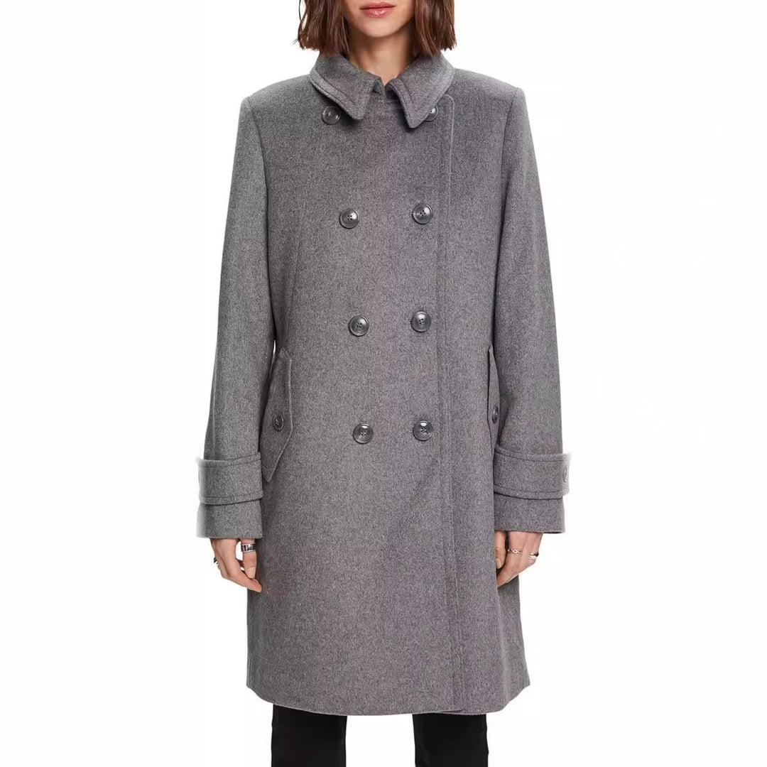 Damen Midilanger Doppelreihiger Marineinspirierter Wollmix-Peacoat mit Pattentaschen Drune