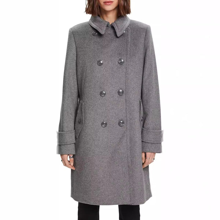 Damen Midilanger Doppelreihiger Marineinspirierter Wollmix-Peacoat mit Pattentaschen Drune