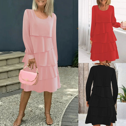 Damen Stufenkleid mit Lagenrock, Rundhalsausschnitt und Ballonärmeln Drune