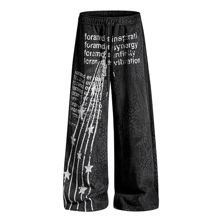 Damen Weite Palazzo-Joggpants mit Tunnelzugbund, Statement-Print und Vintage-Waschung Drune