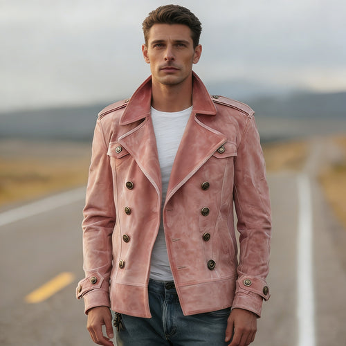 Herren Doppelreihige Lederjacke im Vintage-Look mit Schalkragen und Schulterklappen Drune