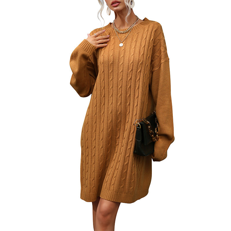 Damen Strickkleid mit Zopfmuster, lässiger Oversize-Passform und Taillengürtel Drune