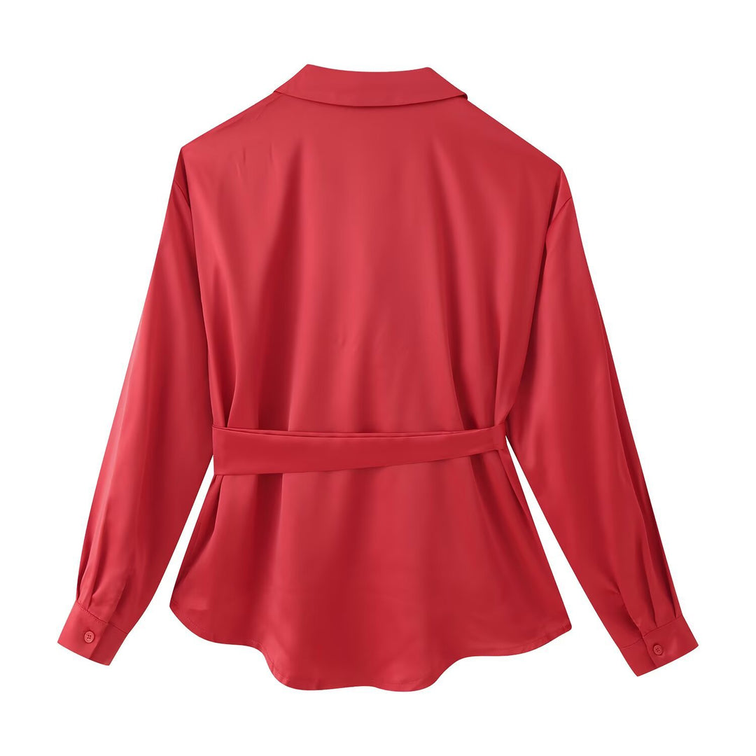 Damen Bluse mit Taillengürtel, V-Ausschnitt und langen Ärmeln Drune