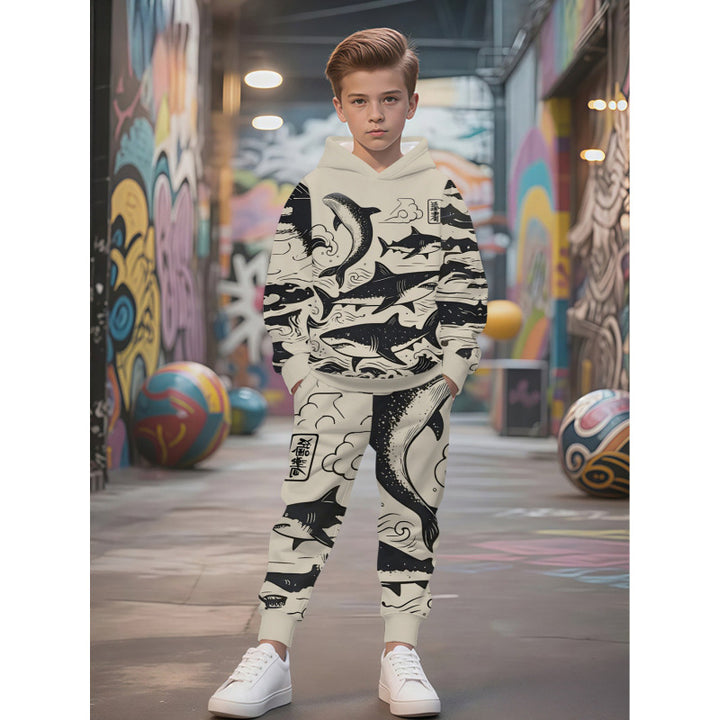 Unisex nan Kinder Jogginganzug mit Kapuzenpullover und detailreichem Auto-Print Drune