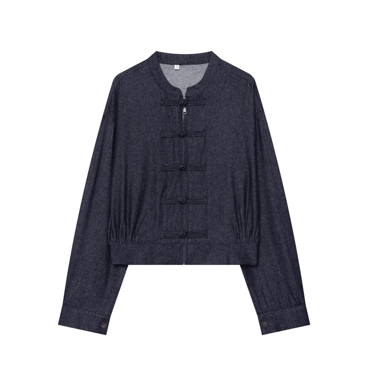 Damen Cropped Jeansjacke mit Stehkragen und chinesischen Knebelverschlüssen Drune