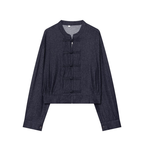 Damen Cropped Jeansjacke mit Stehkragen und chinesischen Knebelverschlüssen Drune