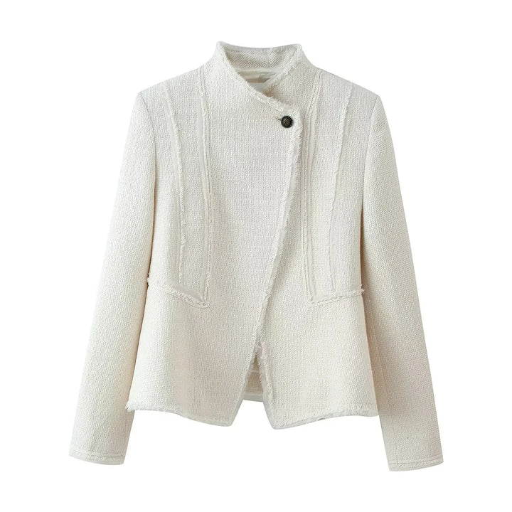Damen nan taillierte Bouclé-Jacke mit Stehkragen, Zierriegel und dezenten Fransen Drune