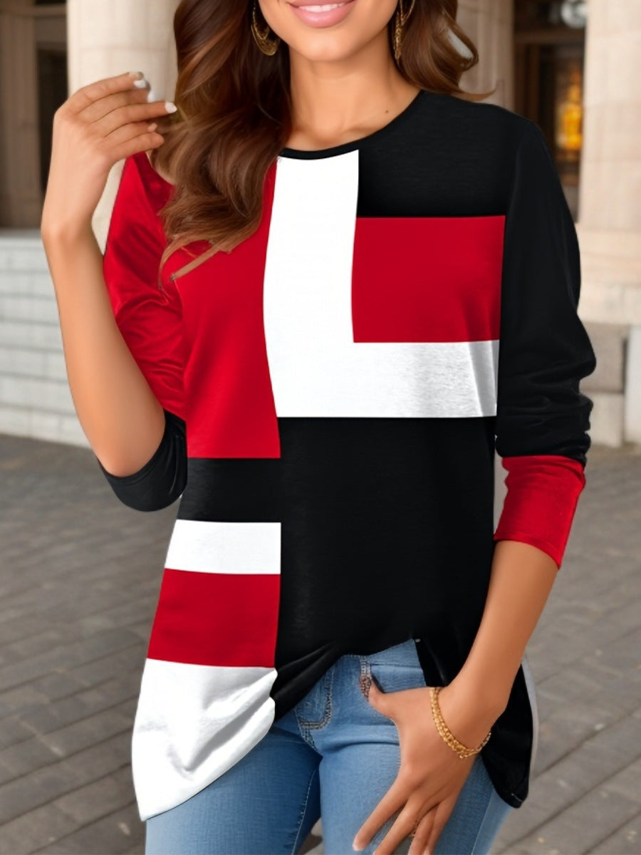 Damen nan geometrisches Colorblock Longsleeve-Tunika-Oberteil mit Rundhalsausschnitt und asymmetrischem Saum Drune