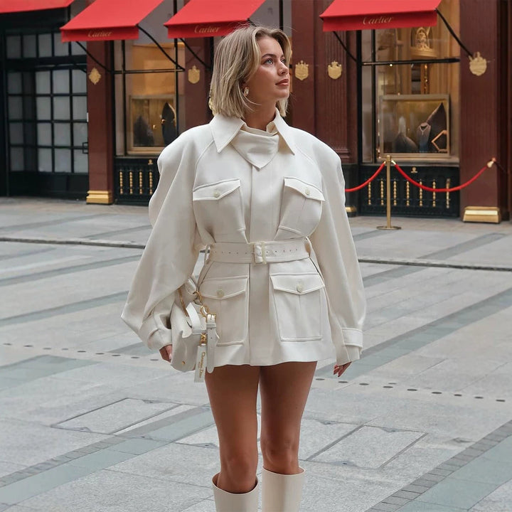 Damen Kurzblusenkleid mit Taillengürtel und aufgesetzten Pattentaschen Drune