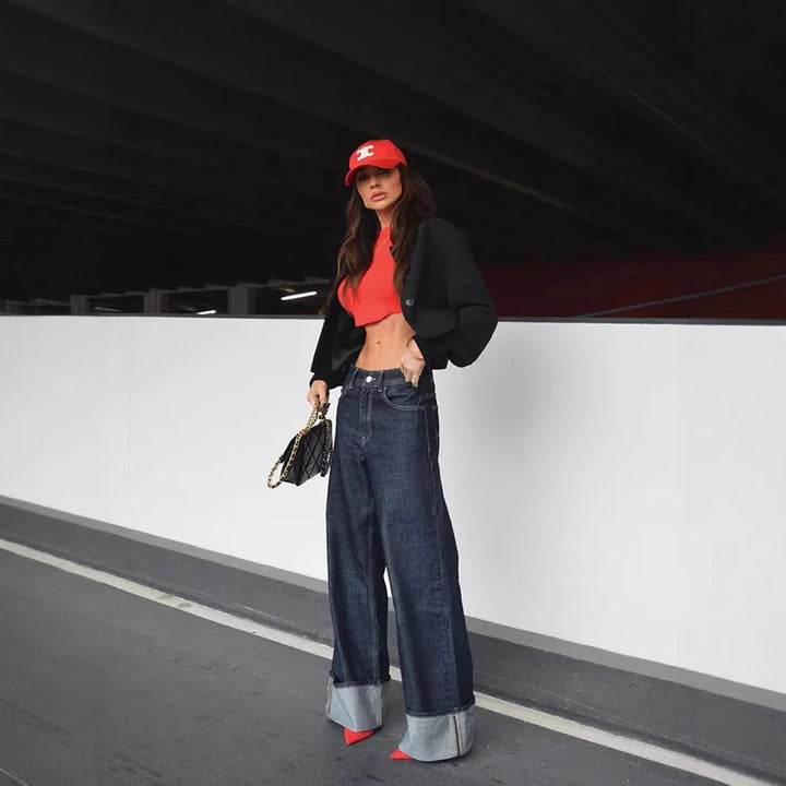 Damen 1700+ Cropped Jeansjacke mit überlangen Umschlagmanschetten und kastiger Silhouette Drune