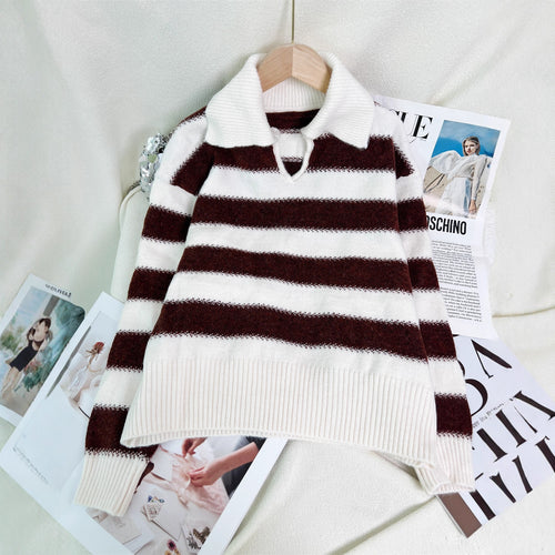 Damen gestreifter Pullover mit modernem Polokragen und elastischem Bund Drune