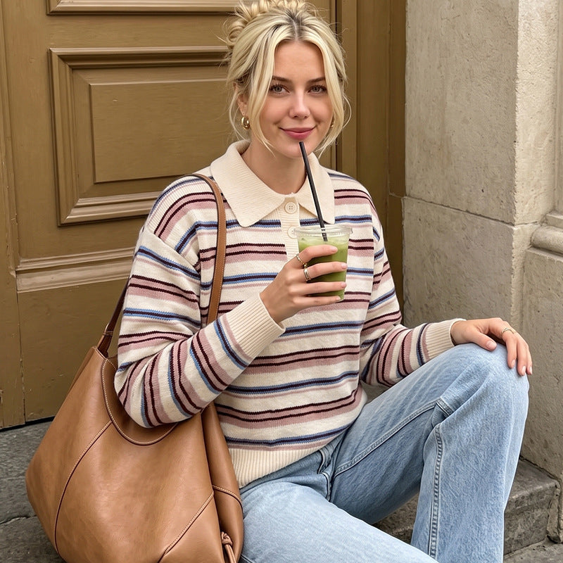 Damen Gestreifter Pullover mit Kragen Drune