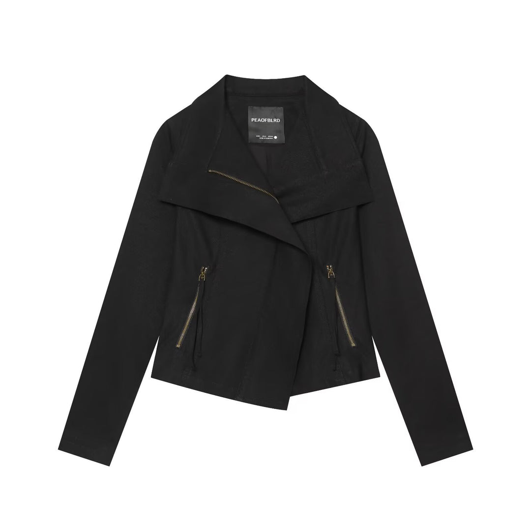 Damen Asymmetrische Bikerjacke mit Wasserfallkragen und diagonalem Reißverschluss Drune
