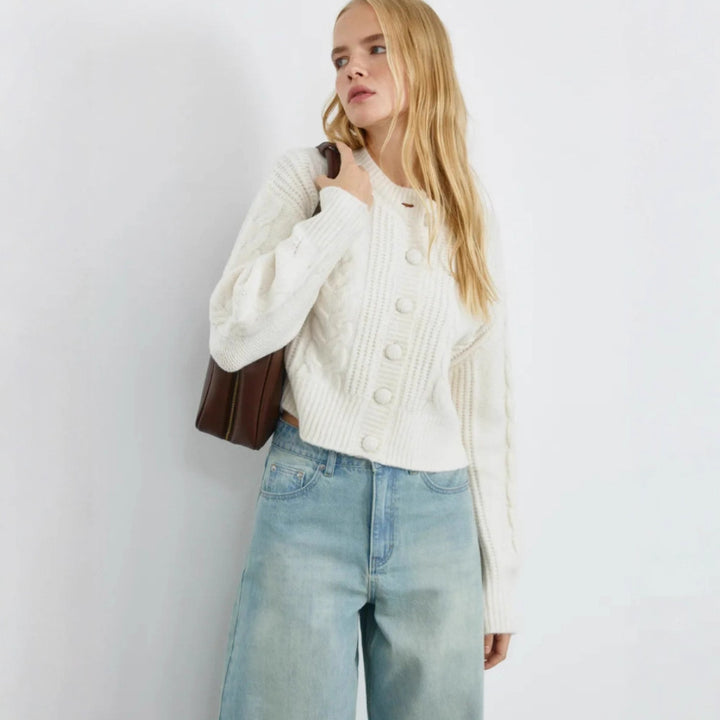 Damen Modischer Grobstrickpullover mit Knopfdetails Drune