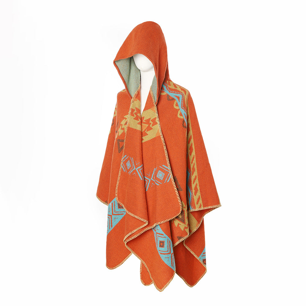 Damen Kapuzenponcho im Jacquardmuster aus Wollmix mit dekorativer Kettelnaht Drune