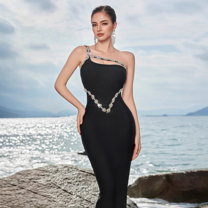 Damen Elegantes Figurbetontes Abendkleid mit asymmetrischem Trägerschnitt und Strassverzierungen Drune