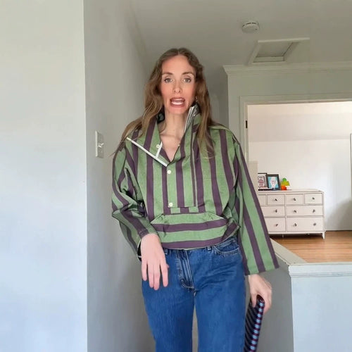 Damen Oversized Streifen-Pullover mit Halbreißverschluss, Stehkragen und Kängurutasche Drune