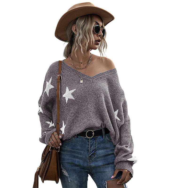 Damen Lässiger Oversized Pullover mit Sternen Drune