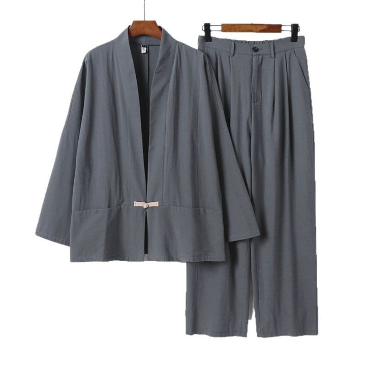 Damen Kimono-Lounge-Set aus leichtem Viskose-Leinen mit dekorativem Knebelverschluss und weiter Bundhose Drune