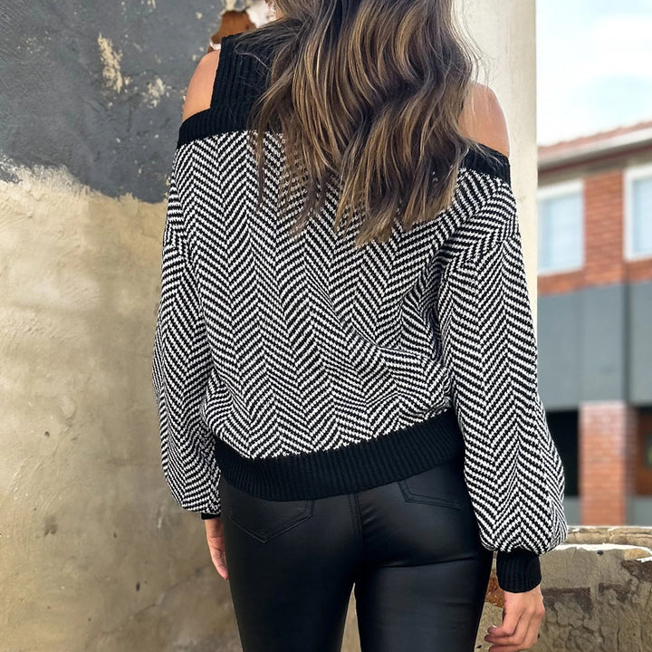 Damen Verspielter Strickpullover mit Schulterfreies Design Drune