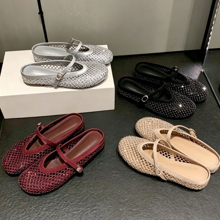 Damen eleganten Ballerinas mit modischem Netzdesign und funkelnden Details Drune