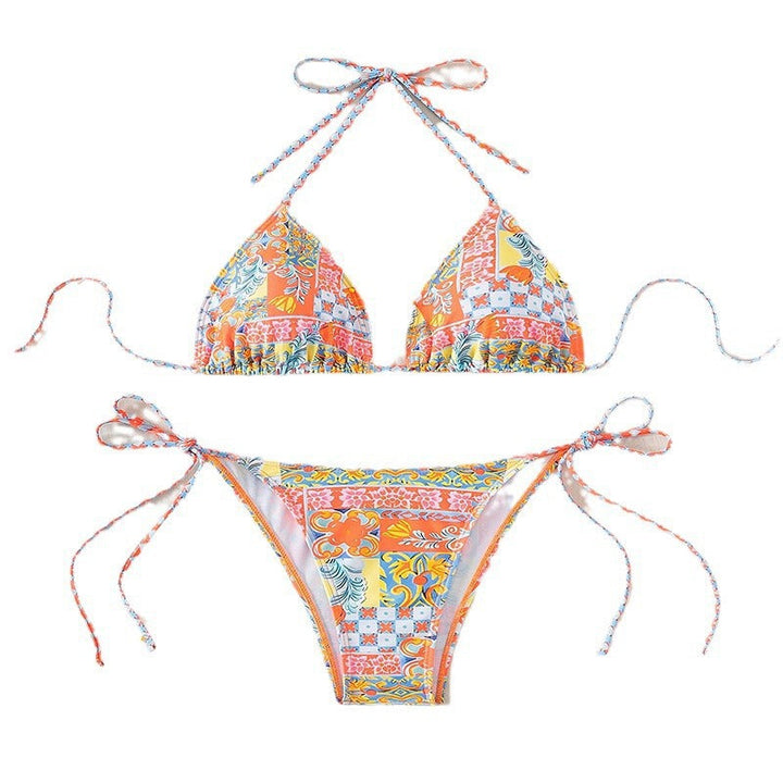 Damen Triangel-Bikini-Set mit verspielt floralem Muster und verstellbaren Bindebändern Drune