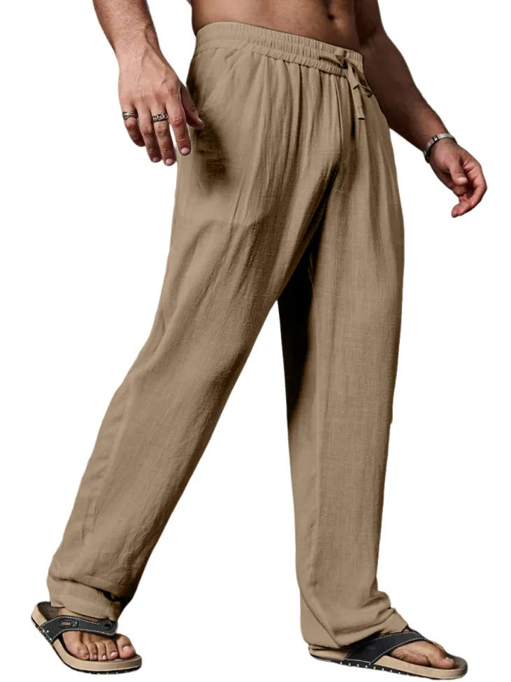 Herren entspannte Leinenmix-Yogahose mit Kordelzug, Elastikbund und geradem Bein Drune