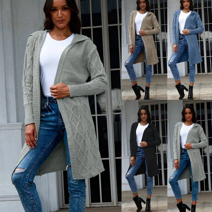 Damen Strickmantel mit elegantem Zopf-Design und bequemer Kapuze Drune