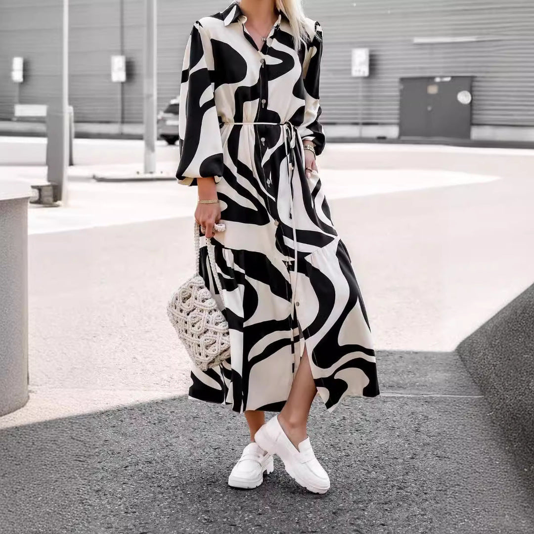 Damen Maxikleid mit modernem Muster und praktischem Taillengürtel Drune