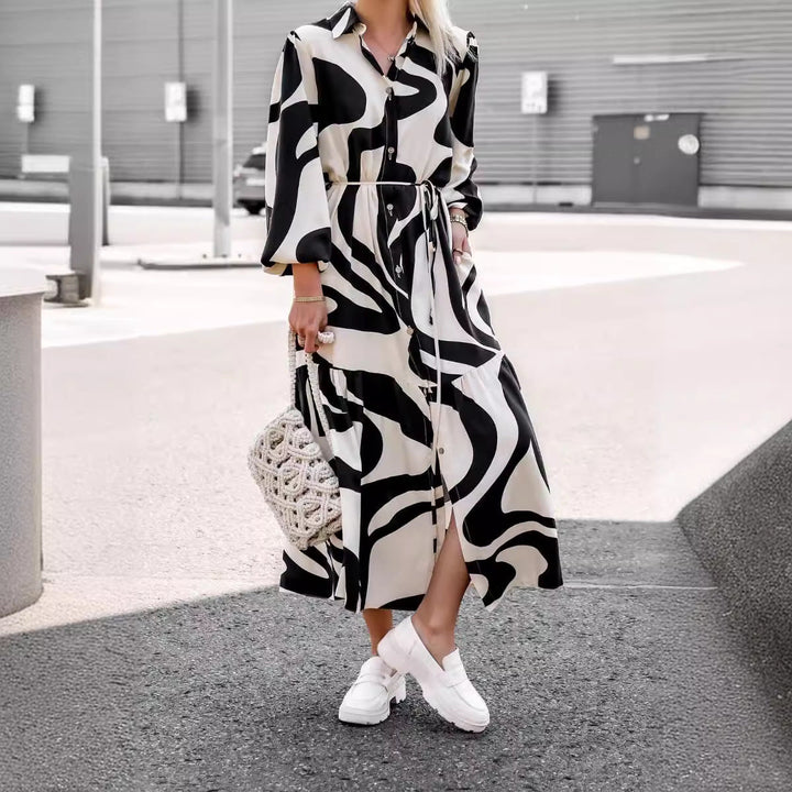 Damen Maxikleid mit modernem Muster und praktischem Taillengürtel Drune