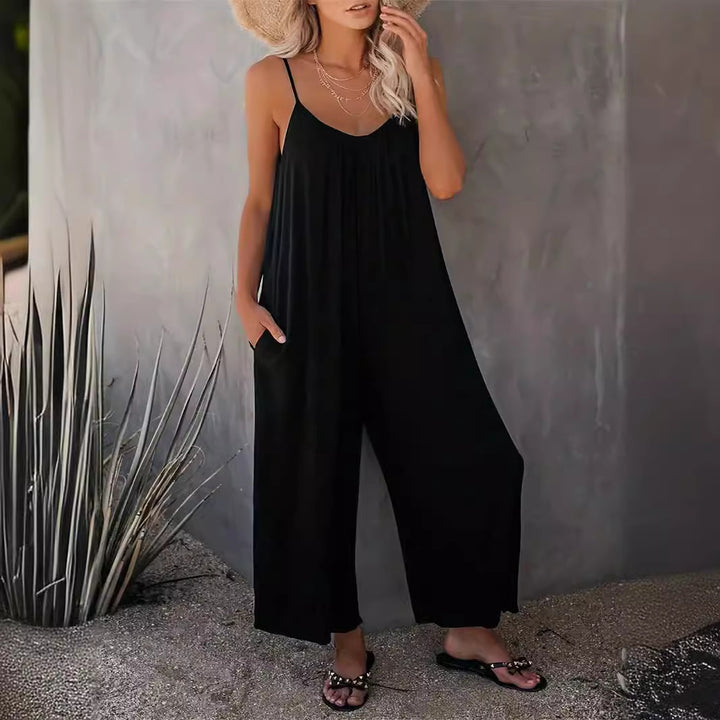 Damen legerer Jumpsuit aus fließendem Stoff mit verstellbaren Trägern und praktischen Taschen Drune