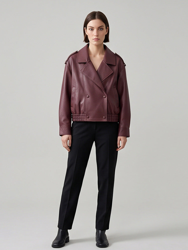 Damen Boxy-Lederimitat-Blouson mit strukturierter Narbung, doppelreihiger Knopfleiste & elastischem Saum Drune