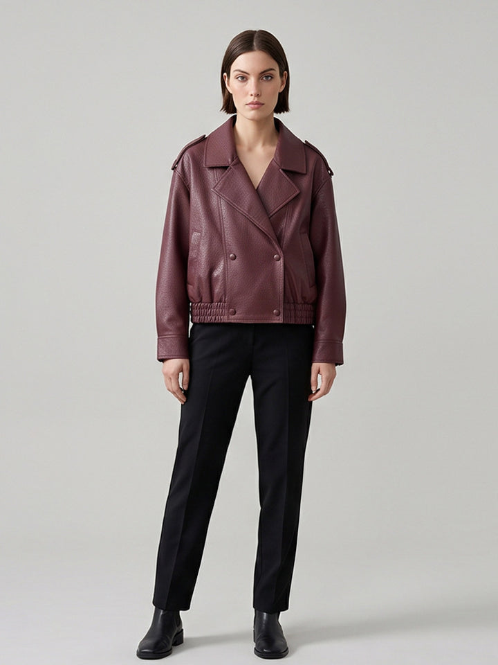 Damen Boxy-Lederimitat-Blouson mit strukturierter Narbung, doppelreihiger Knopfleiste & elastischem Saum Drune