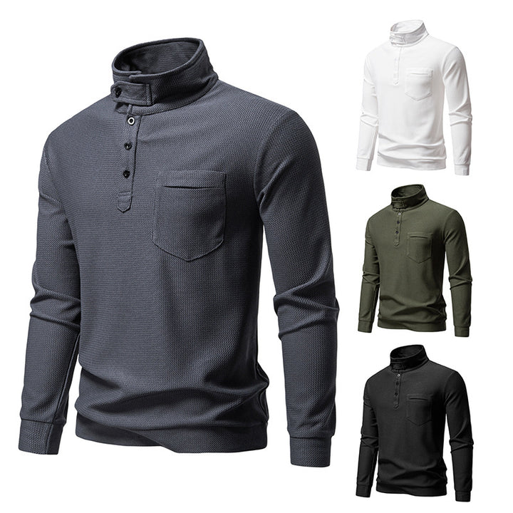 Herren Texturiertes Waffelstrick-Henleyshirt mit hohem Kragen, Knopfleiste und Brusttasche Drune