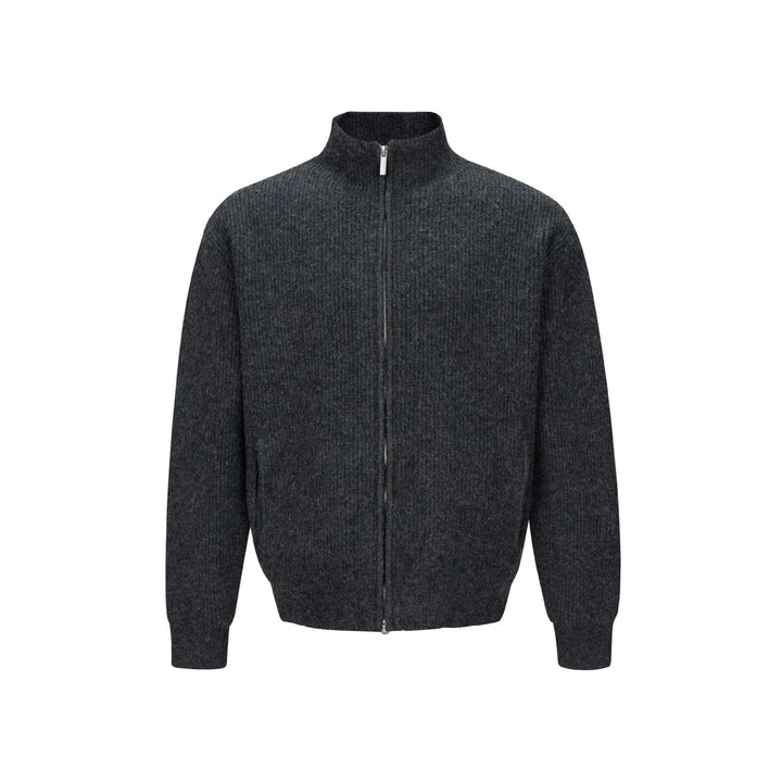 Unisex Kurzer gerippter Strickzipper mit hohem Stehkragen und schlankem Bund Drune