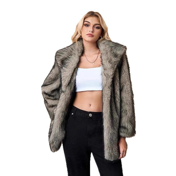 Damen Kurzer Faux‑Fur‑Mantel mit weitem Schalkragen, offener Front und Eingrifftaschen Drune