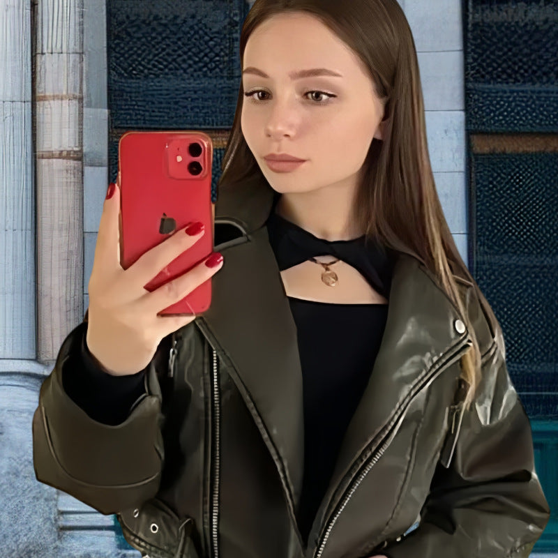 Damen Kunstleder Bikerjacke mit weitem Schnitt und umfangreichen Details Drune